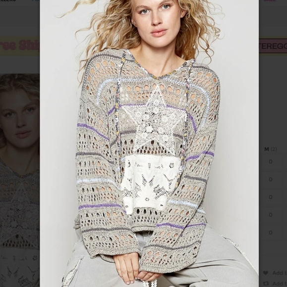 NWOT POL Boho Oversized Gray Purple Open Crochet Hoodie with Star Patch Pocket - Picture 3 of 7
